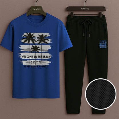 Co-Ord Miami Beach Set Navy Blue T-Shirt and Breathable DryFit Trouser (1347)