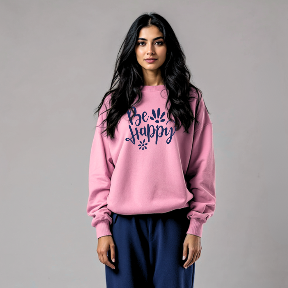 Pink Sweatshirt with 'Be Happy' Print - Stylish Winter Wear in Pakistan